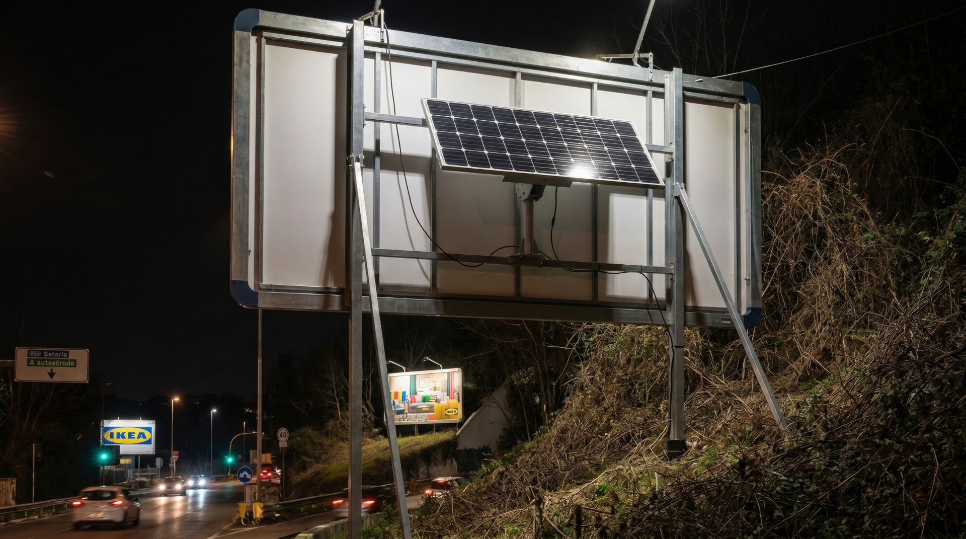 Impianto pubblicitario illuminato da faro alimentato con pannello fotovoltaico